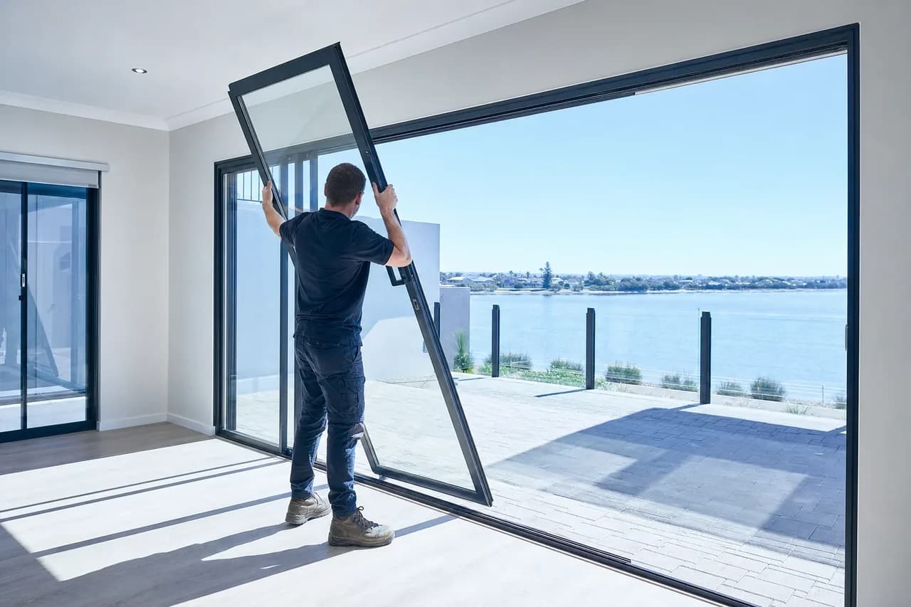 Glazier kneeling at the base of a Perth home's aluminium sliding door, fitting new rollers into the track