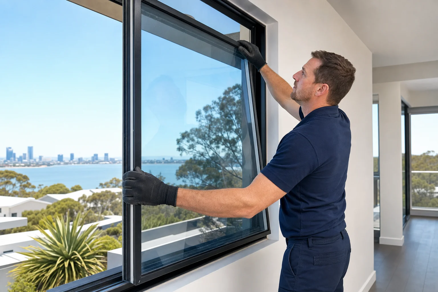 A qualified glazier fitting a double-glazed window unit into an aluminium frame in a Perth home