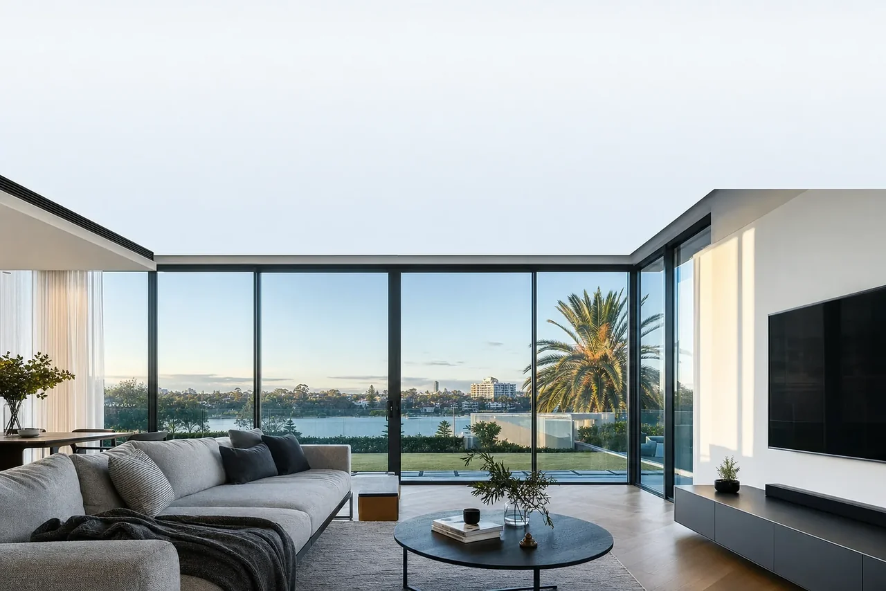 Bright modern Perth living room with large double-glazed aluminium-framed windows