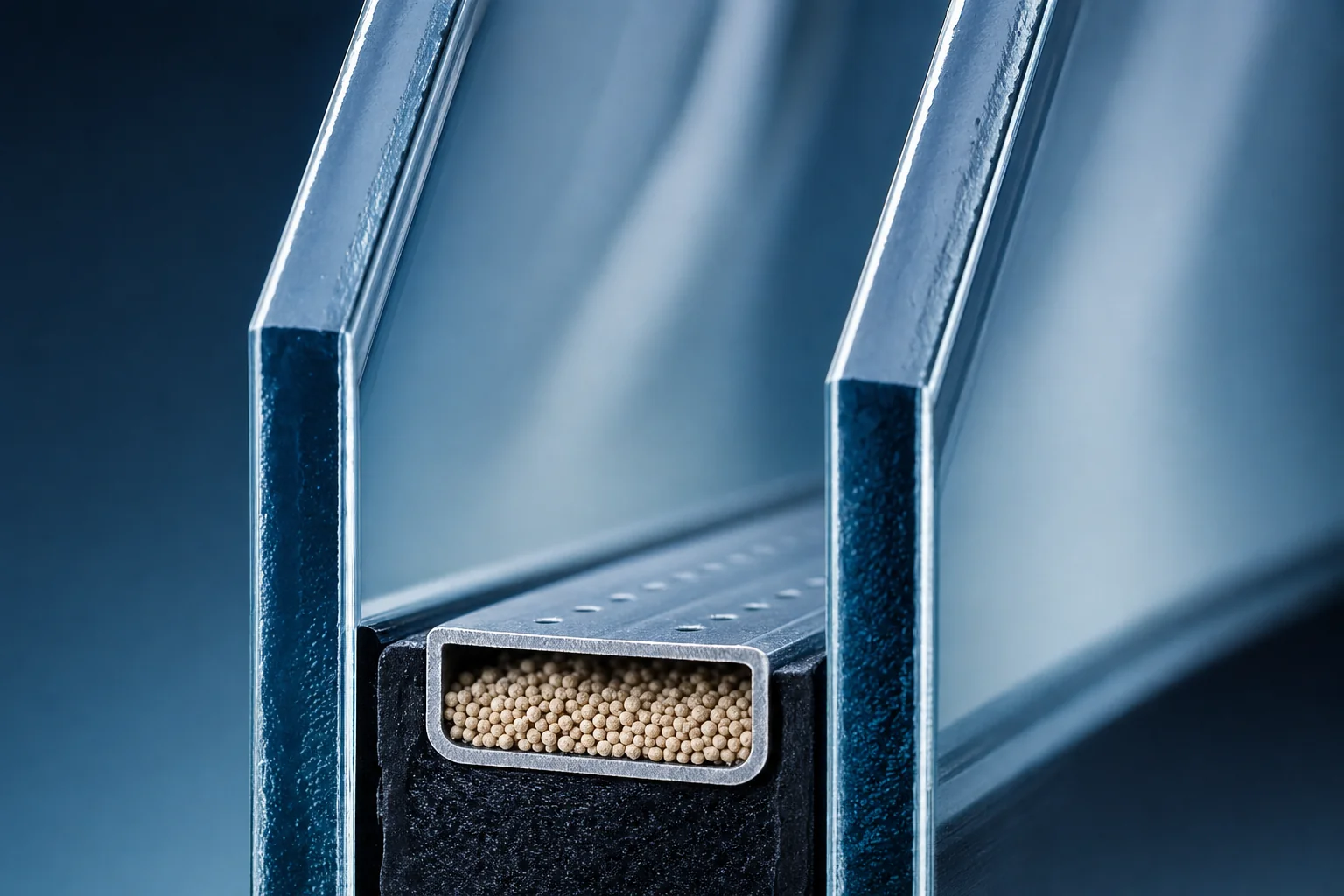 Close-up cross-section of a double-glazed window unit showing two panes of glass and the spacer bar