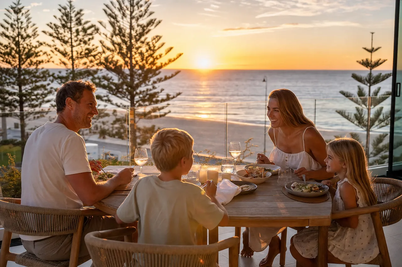 Perth family enjoying dinner on their alfresco terrace with a frameless glass balustrade overlooking the Cottesloe coast at sunset